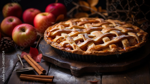 Freshly baked apple pie with lattice crust, surrounded by cinnamon sticks, apples, and star anise, evoking a warm and cozy autumn feel