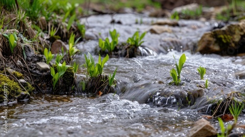 Beautiful spring detailed close up stream of fresh water with young green plants