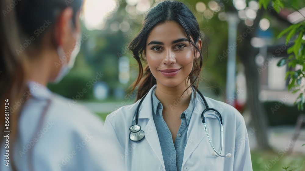 A confident millennial doctor of Hispanic descent in a white coat providing medical care to a community. A confident millennial doctor of Hispanic descent in a white coat providing medical care to a community.