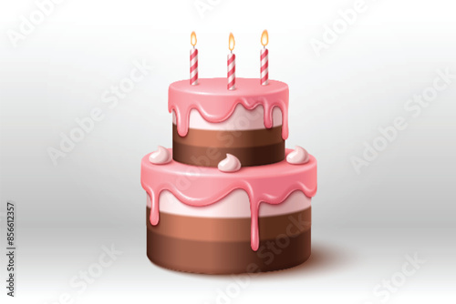 Birthday two tier cake with chocolate biscuit layers, pink icing, cream decoration and three candles on top. Realistic 3d vector of b-day and anniversary party and congratulation sweet dessert.
