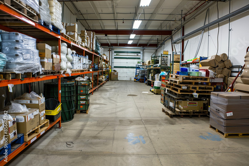 Warehouse interior with shelves, pallets, and boxes photo