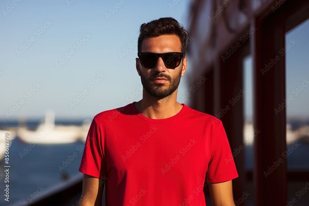 A man in a red shirt is standing on a pier with his back to the camera A man in a red shirt is standing on a pier with his back to the camera