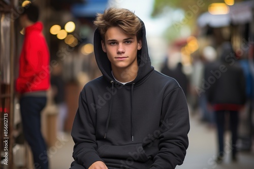 A young man wearing a black hoodie sits on a bench in a busy city street © MediaRaw