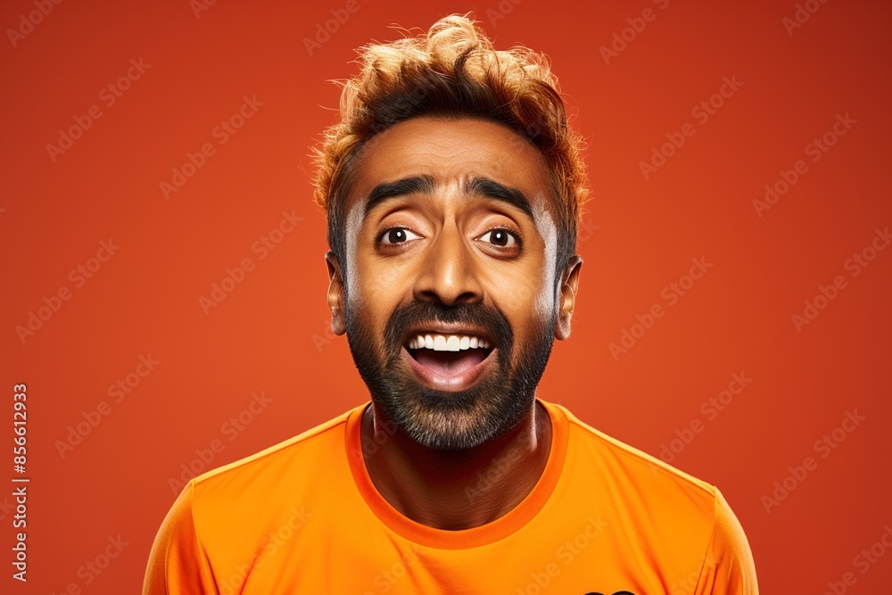 A man with a beard and mustache is smiling and wearing an orange shirt A man with a beard and mustache is smiling and wearing an orange shirt