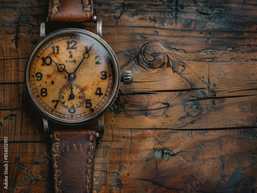 Vintage watch with a classic design and aged patina, set against an old wooden background