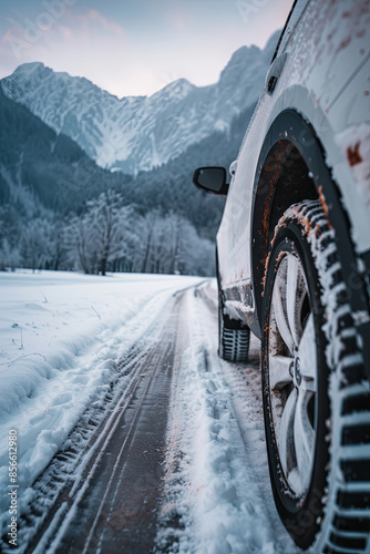 Winter tire on a car driving on a snowy road photo