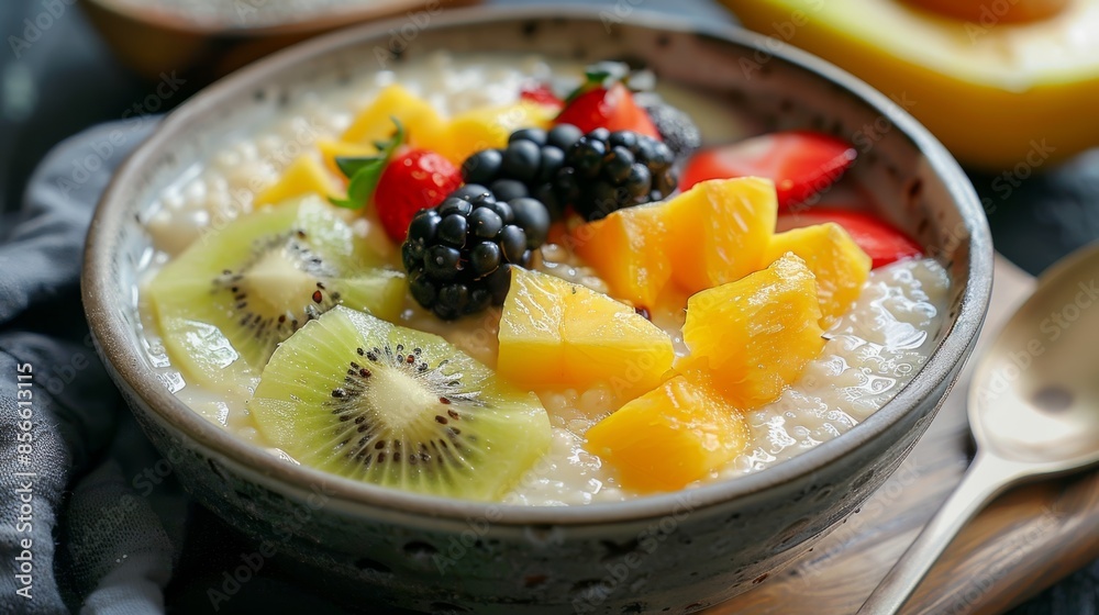 A warm bowl of tropical fruit and ginger congee perfect for a cool morning brunch. A warm bowl of tropical fruit and ginger congee perfect for a cool morning brunch.