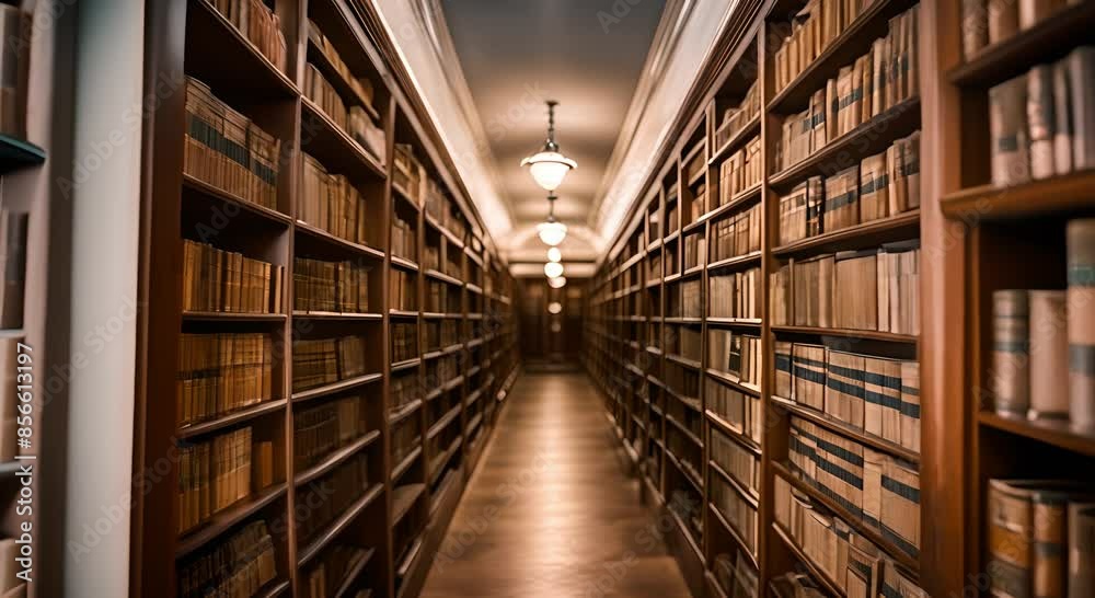 The hallway of the old library is full of wooden shelves filled with antique books The hallway of the old library is full of wooden shelves filled with antique books