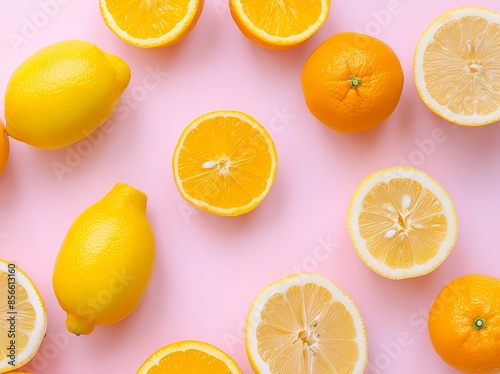 Wallpaper Mural lemons and oranges on pink background flat lay top view, stock photo, simple composition, feminine , pastel colors, minimalism, high resolution photography  Torontodigital.ca