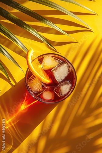 Summer refreshing red cocktail with ice cubes, orange slices and palm leaves on a yellow background with shadows, top view for advertising or packaging design use