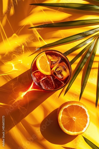 Summer refreshing red cocktail with ice cubes, orange slices and palm leaves on a yellow background with shadows, top view for advertising or packaging design use