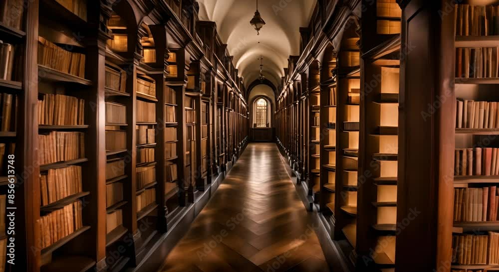 The hallway of the old library is full of wooden shelves filled with antique books The hallway of the old library is full of wooden shelves filled with antique books