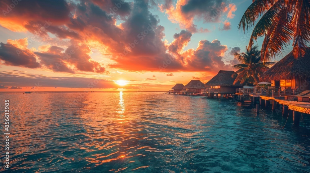 Sunset view of a luxury beach resort with overwater bungalows, serene ... - Luxury Off Grid Beach Rentals With View