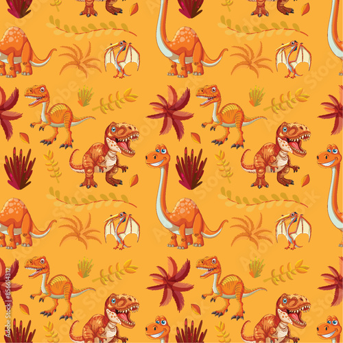 Playful dinosaurs with plants on orange background