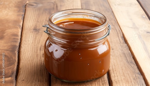 Homemade salted caramel sauce in jar on rustic wooden table generative ai