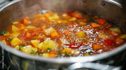 The fruit pieces are then gently simmered in a large pot releasing their natural juices.