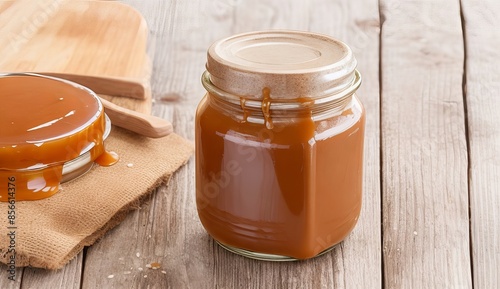 Homemade salted caramel sauce in jar on rustic wooden table generative ai