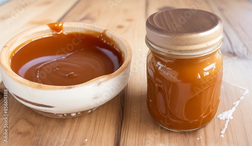 Homemade salted caramel sauce in jar on rustic wooden table generative ai