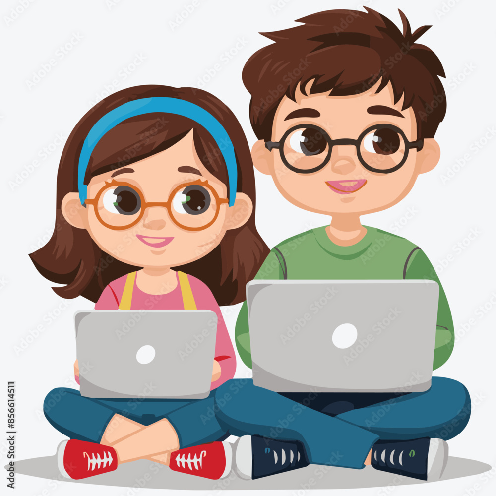 Cartoon Vector Illustration of Boy and Girl playing with laptop>generative AI Cartoon Vector Illustration of Boy and Girl playing with laptop>generative AI