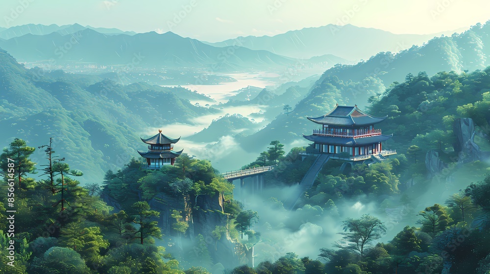 Obraz premium Green mountain forest and mountaintop pavilions illustration poster background