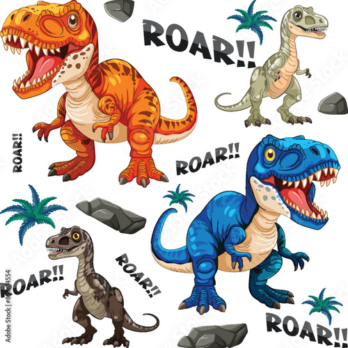 Fototapeta Naklejka Na Ścianę i Meble -  Vibrant dinosaurs with text 'ROAR!!' and palm trees