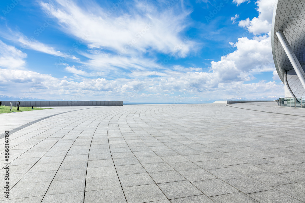Empty square floor with sky clouds nature landscape. car background.