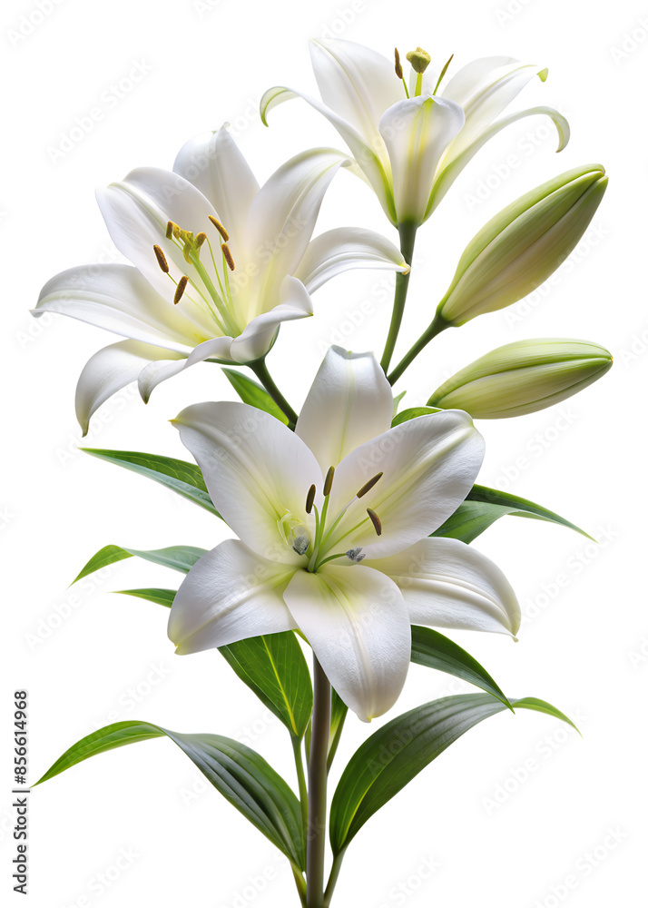 White Lily Branch, No Background. Perfect for: floral arrangements, botanical illustrations, garden advertisements, floral decorations, botanical prints, flower arrangements, isolated flower imagery. White Lily Branch, No Background. Perfect for: floral arrangements, botanical illustrations, garden advertisements, floral decorations, botanical prints, flower arrangements, isolated flower imagery.