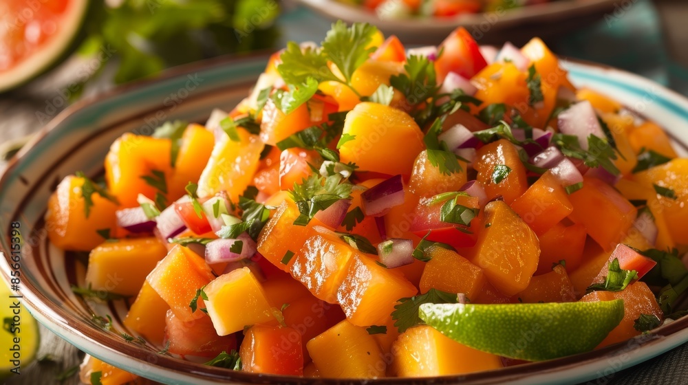 A refreshing fruit salad dressed with a generous serving of papaya and lime salsa on top. A refreshing fruit salad dressed with a generous serving of papaya and lime salsa on top.