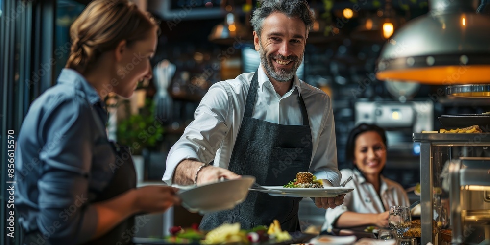 A man in a white apron is serving food to a woman and another person A man in a white apron is serving food to a woman and another person