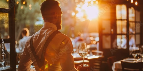 A man in a white shirt and suspenders is holding a wine glass in a restaurant