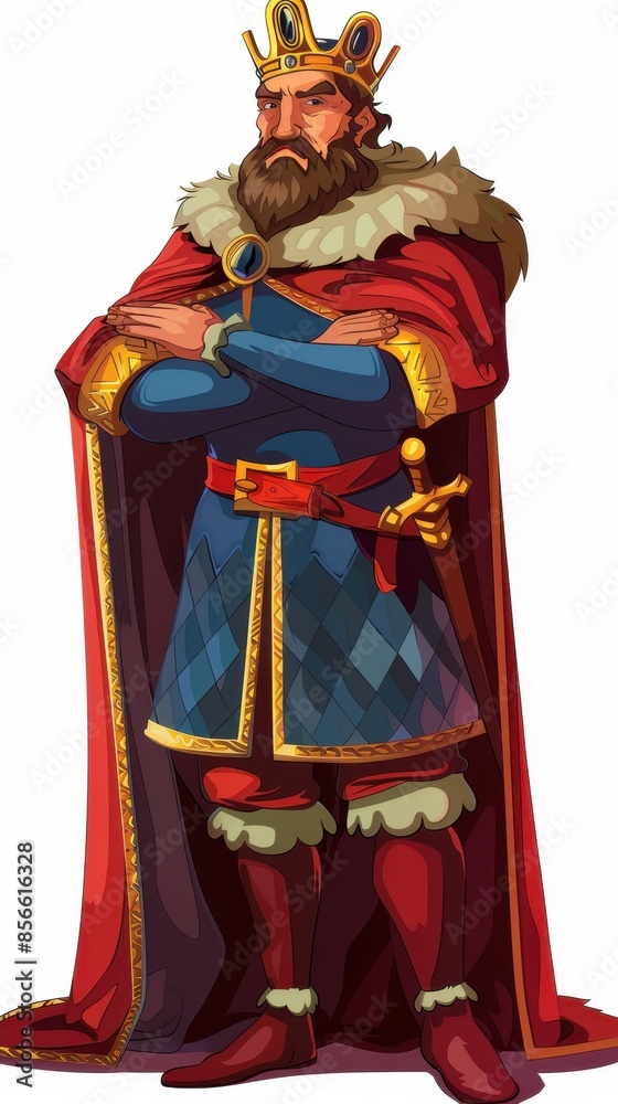 Obraz premium A king wearing a crown and robe stands with crossed arms