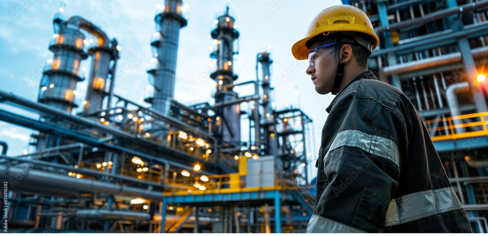 A man in a yellow helmet stands in front of a large industrial plant A man in a yellow helmet stands in front of a large industrial plant