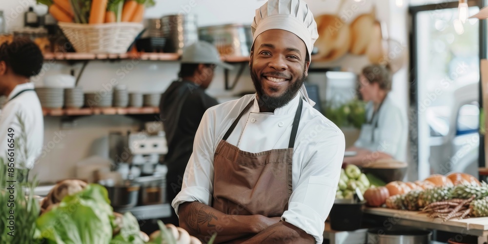 A chef is smiling and posing in front of a vegetable stand A chef is smiling and posing in front of a vegetable stand