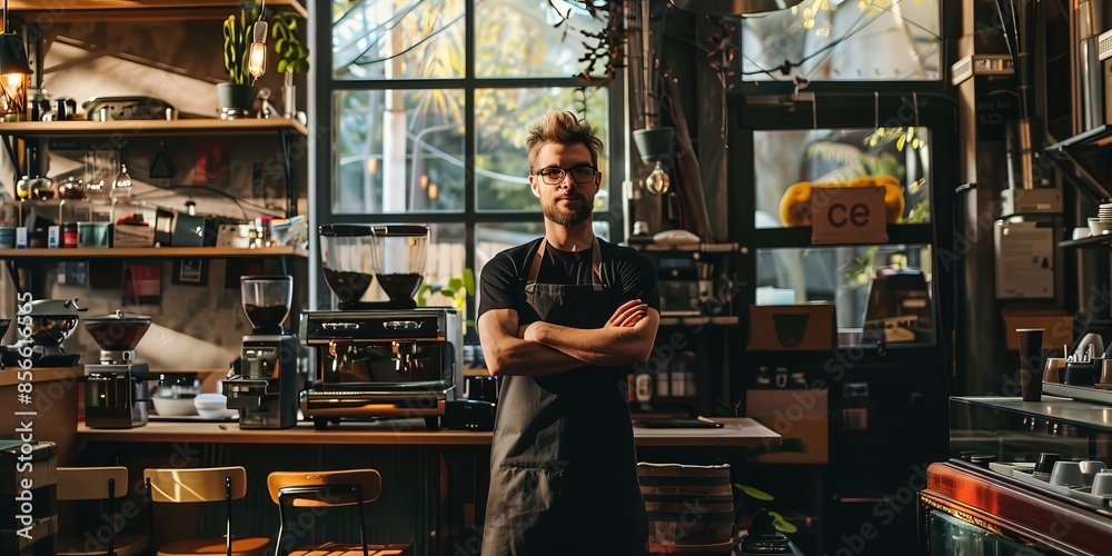 A man stands in a coffee shop with apron on and a smile on his face A man stands in a coffee shop with apron on and a smile on his face