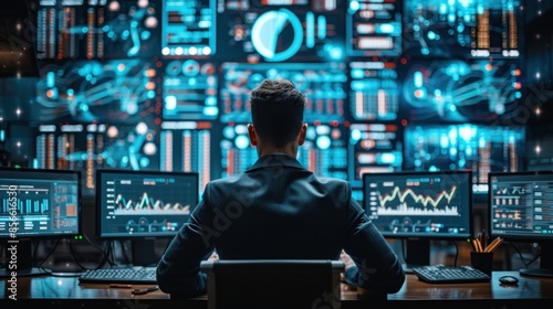 Professional Analyst Monitoring Financial Data on Multiple Computer Screens at Night