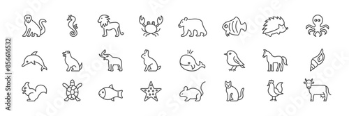 Animals line icons. Set of land and sea animals. Vector illustration