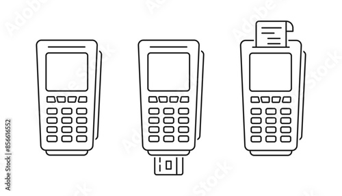 Payment terminal icons. POS terminal with credit card and printed check. Vector illustration