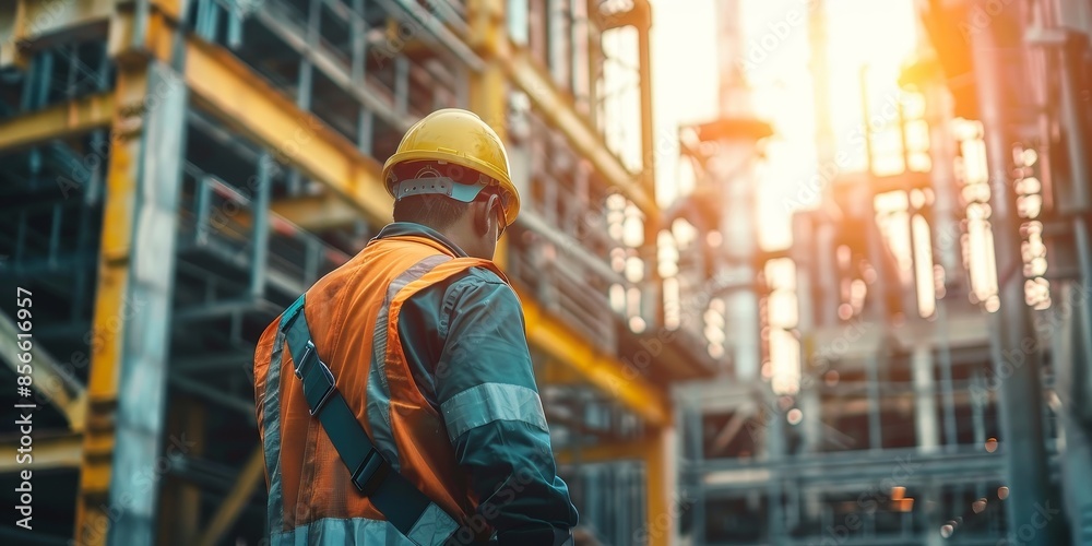 A man in a yellow vest is standing in front of a large building A man in a yellow vest is standing in front of a large building