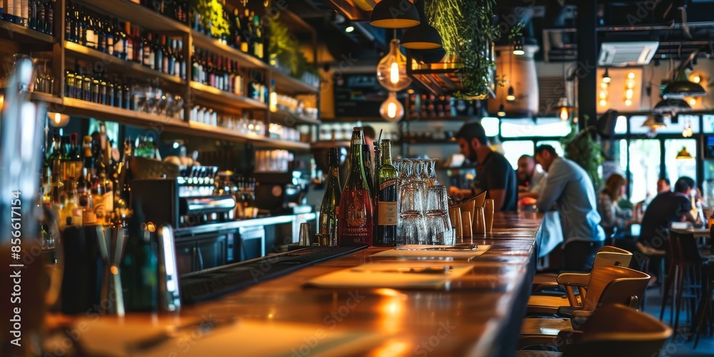 A bar with a lot of wine bottles and glasses on the counter A bar with a lot of wine bottles and glasses on the counter