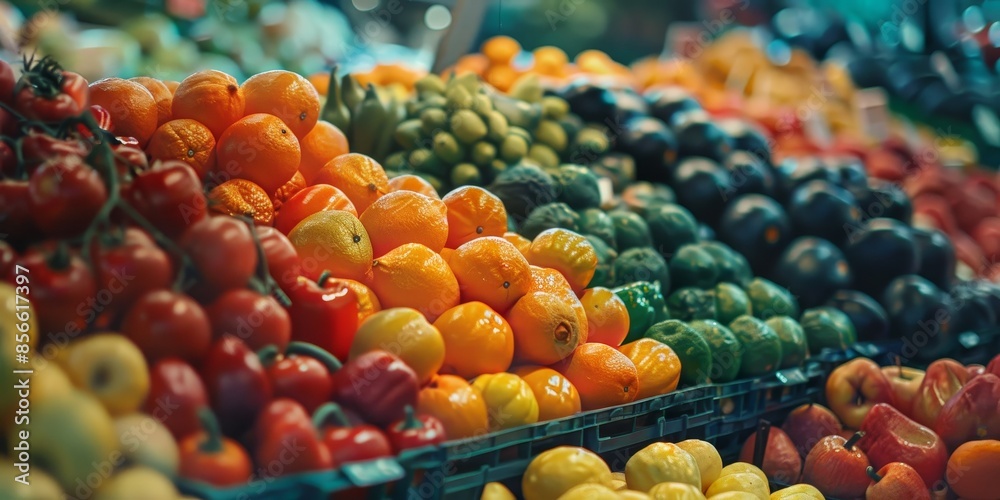 A colorful display of fruits and vegetables at a market A colorful display of fruits and vegetables at a market