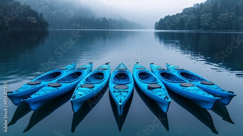 Indigo-colored kayaks lined up on a serene lake