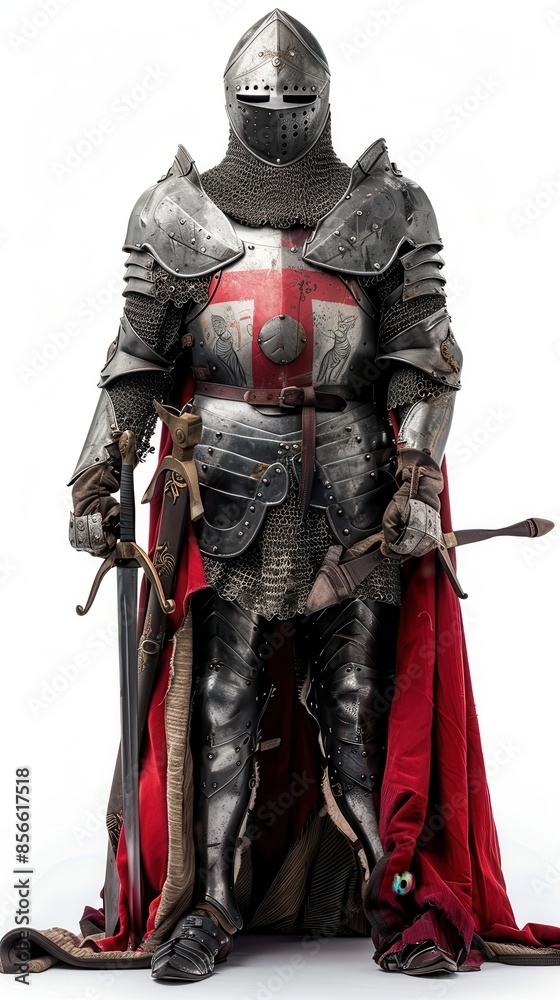 A knight in full armor stands with a sword in hand A knight in full armor stands with a sword in hand