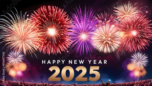 Happy New Year 2025 with fireworks.