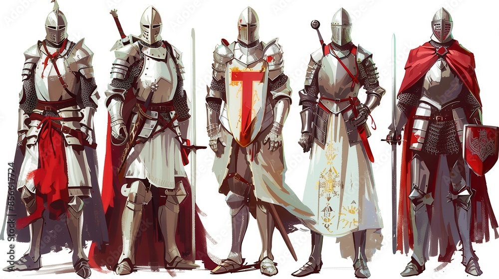 Naklejka premium Five knights in armor stand together