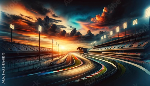 modern racing circuit at sunset. The track is empty and curves gracefully into the distance under a captivating sky