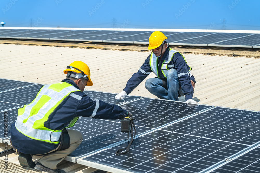 custom made wallpaper toronto digitalengineer men inspects construction of solar cell panel or photovoltaic cell at roof top. Industrial Renewable energy of green power. factory at urban area. worker working on tower roof.