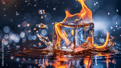 A fiery ice cube beside a melting ice cube, with flames and water droplets photo