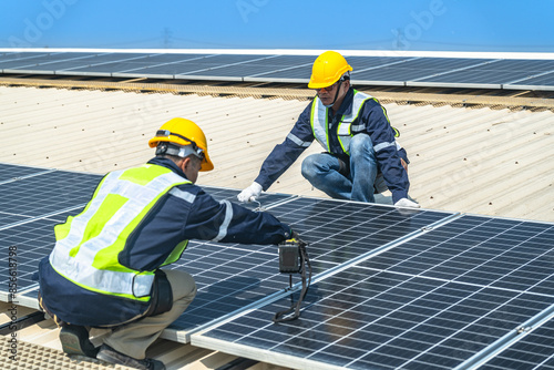 Wallpaper Mural engineer men inspects construction of solar cell panel or photovoltaic cell at roof top. Industrial Renewable energy of green power. factory at urban area. worker working on tower roof. Torontodigital.ca