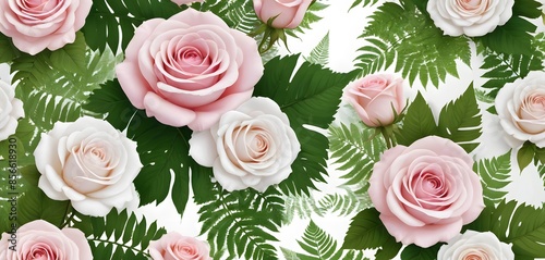 Pink and White Roses with Lush Green Foliage