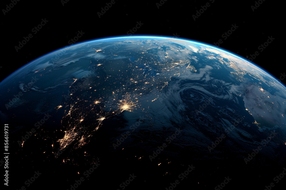 Obraz premium Nighttime View of Earth from Space with Glowing City Lights and Stars